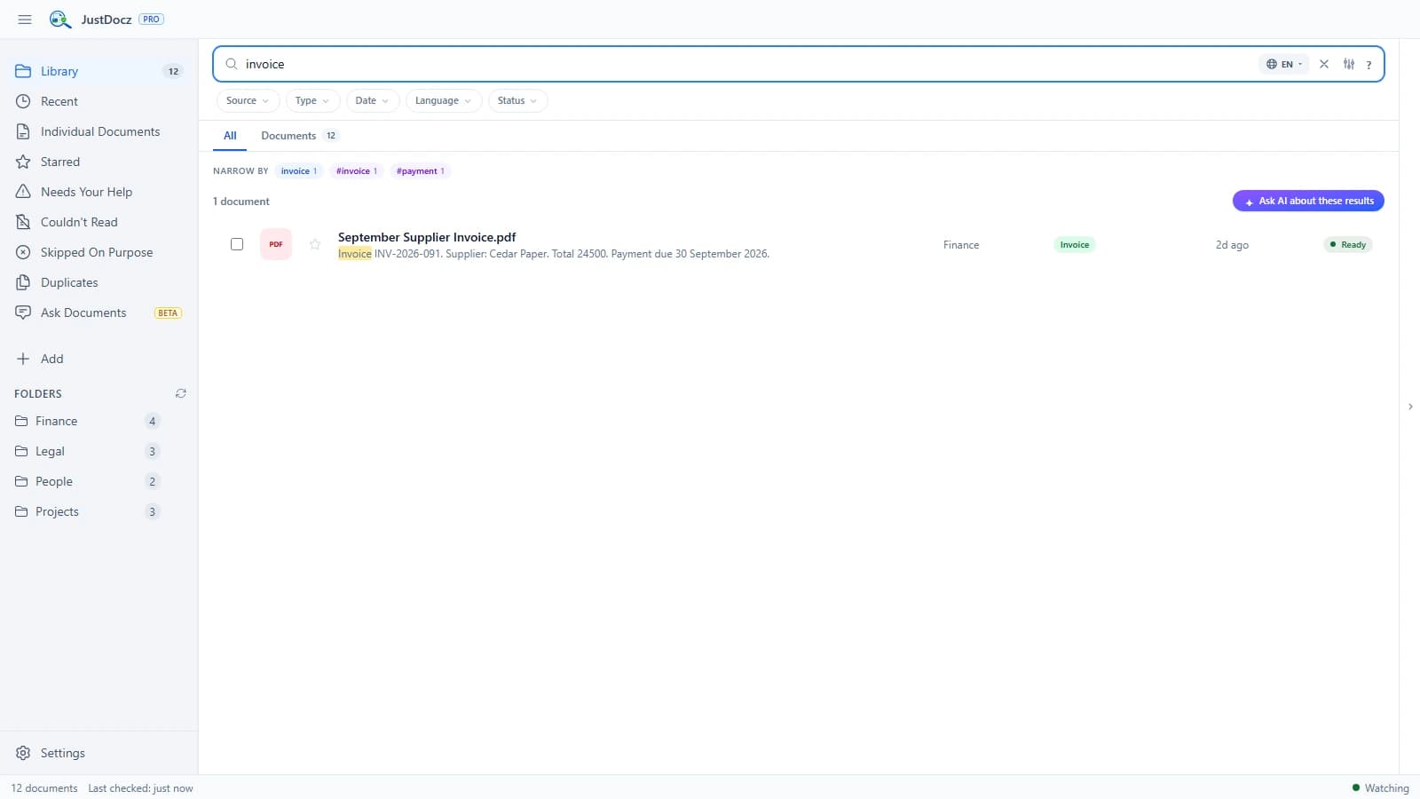 JustDocz finding September Supplier Invoice.pdf by searching invoice in a fictional sample library